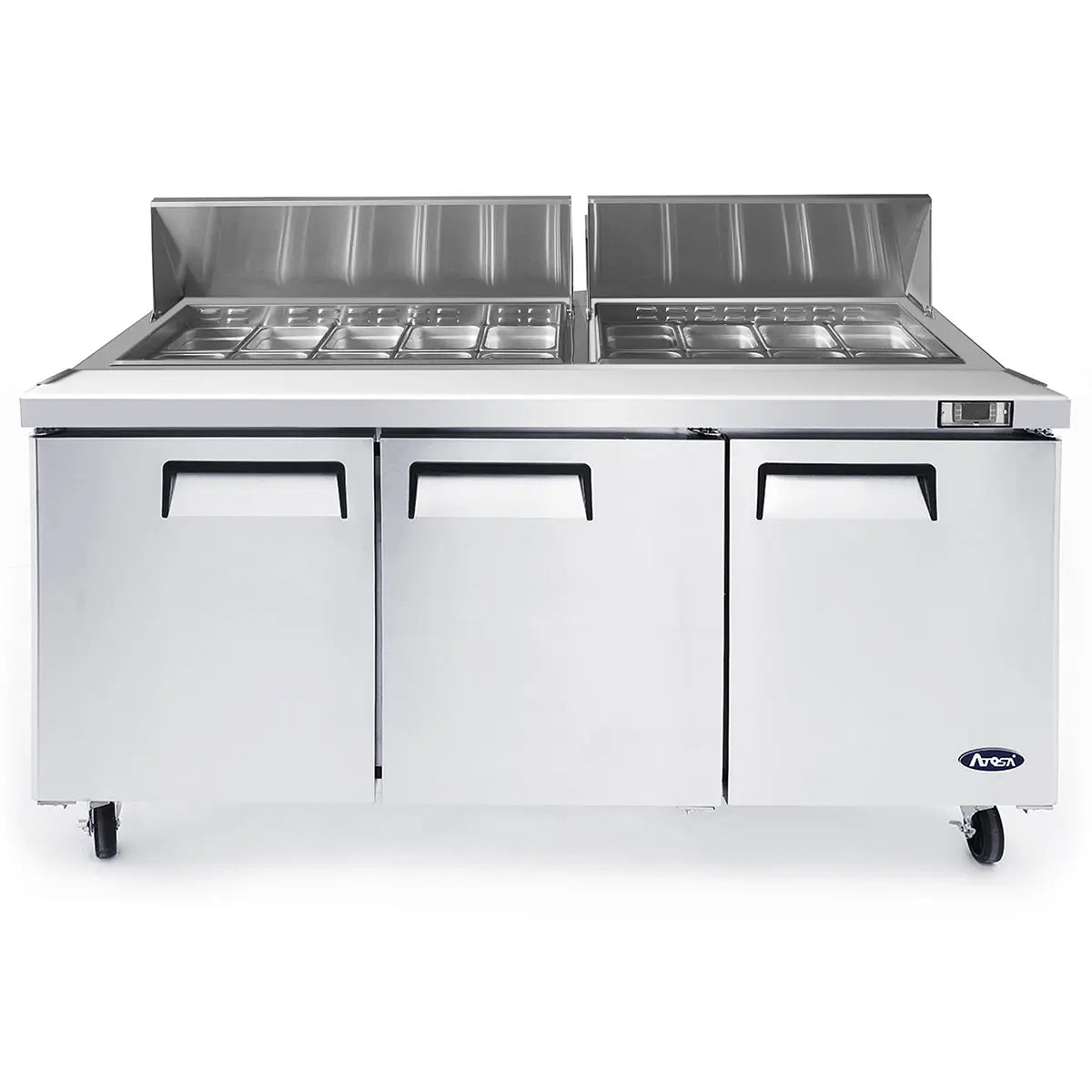 ATOSA MSF8304GR 72" 3 DOOR SANDWICH PREP TABLE REFRIGERATED w/ CASTERS & PANS
