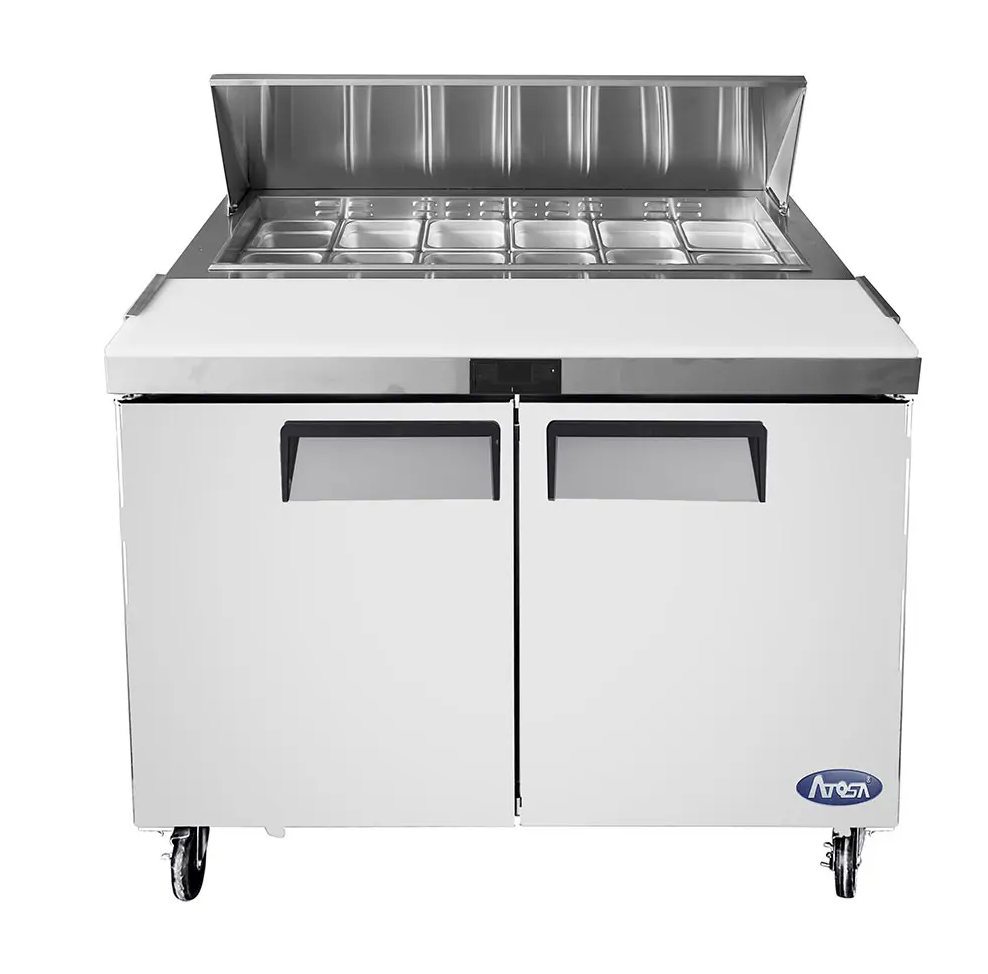 ATOSA MSF8306GR 48" TWO DOOR MEGA-TOP SALAD/SANDWICH PREP TABLE W/CASTERS & PANS