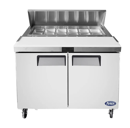ATOSA MSF8306GR 48" TWO DOOR MEGA-TOP SALAD/SANDWICH PREP TABLE W/CASTERS & PANS