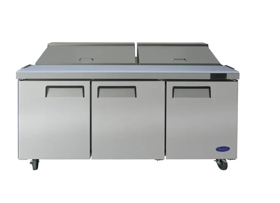 ATOSA MSF8304GR 72" 3 DOOR SANDWICH PREP TABLE REFRIGERATED w/ CASTERS & PANS