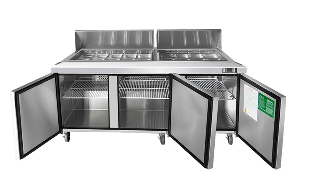 ATOSA MSF8304GR 72" 3 DOOR SANDWICH PREP TABLE REFRIGERATED w/ CASTERS & PANS