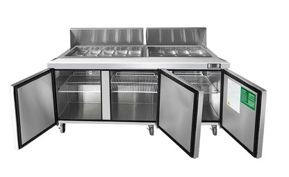 ATOSA MSF8304GR 72" 3 DOOR SANDWICH PREP TABLE REFRIGERATED w/ CASTERS & PANS