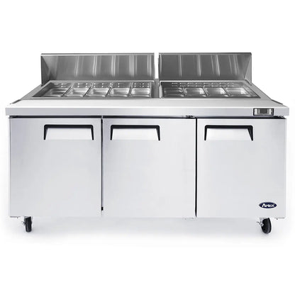 ATOSA MSF8304GR 72" 3 DOOR SANDWICH PREP TABLE REFRIGERATED w/ CASTERS & PANS