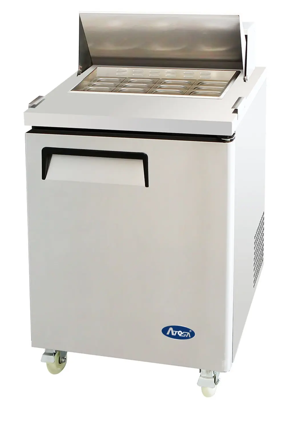 ATOSA MSF8305GR 27" SINGLE DOOR MEGA-TOP SALAD/SANDWICH PREP TABLE W/CASTERS & PANS