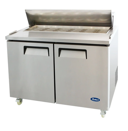 ATOSA MSF8306GR 48" TWO DOOR MEGA-TOP SALAD/SANDWICH PREP TABLE W/CASTERS & PANS