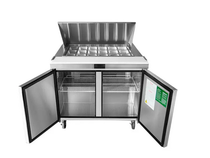 ATOSA MSF8306GR 48" TWO DOOR MEGA-TOP SALAD/SANDWICH PREP TABLE W/CASTERS & PANS