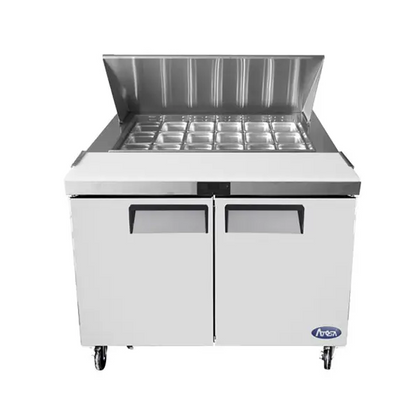 ATOSA MSF8306GR 48" TWO DOOR MEGA-TOP SALAD/SANDWICH PREP TABLE W/CASTERS & PANS