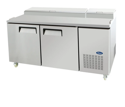 ATOSA MPF8202GR 67" TWO DOOR PIZZA PREP TABLE REFRIGERATED w/ CASTERS & PAN INCLUD