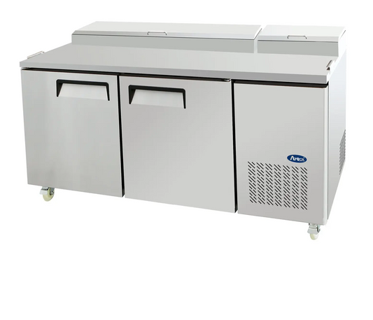 ATOSA MPF8202GR 67" TWO DOOR PIZZA PREP TABLE REFRIGERATED w/ CASTERS & PAN INCLUD