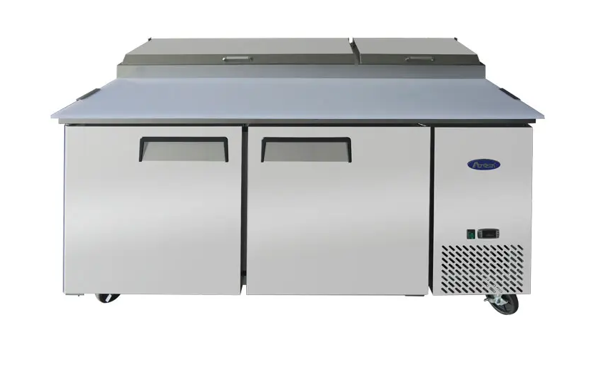 ATOSA MPF8202GR 67" TWO DOOR PIZZA PREP TABLE REFRIGERATED w/ CASTERS & PAN INCLUD