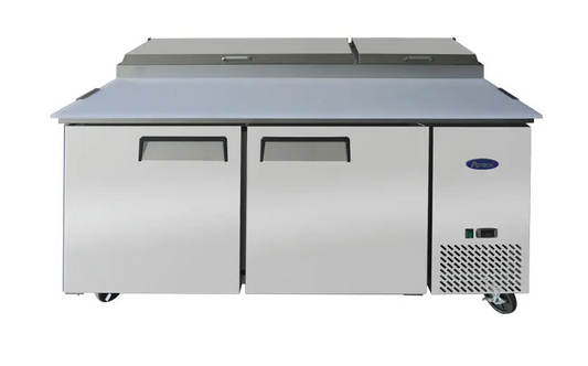 ATOSA MPF8202GR 67" TWO DOOR PIZZA PREP TABLE REFRIGERATED w/ CASTERS & PAN INCLUD