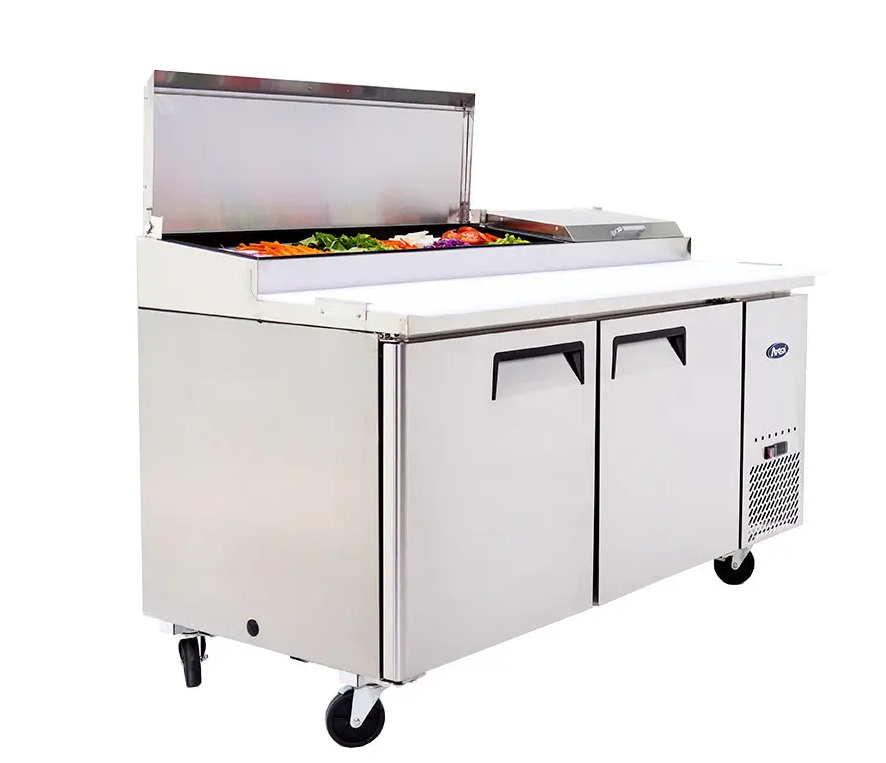 ATOSA MPF8202GR 67" TWO DOOR PIZZA PREP TABLE REFRIGERATED w/ CASTERS & PAN INCLUD