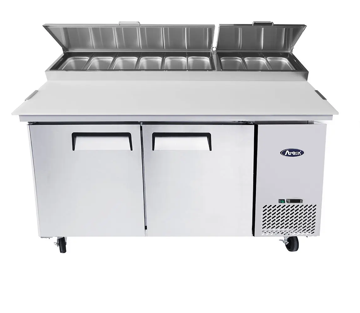 ATOSA MPF8202GR 67" TWO DOOR PIZZA PREP TABLE REFRIGERATED w/ CASTERS & PAN INCLUD
