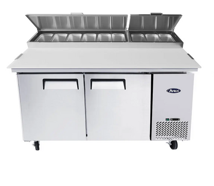 ATOSA MPF8202GR 67" TWO DOOR PIZZA PREP TABLE REFRIGERATED w/ CASTERS & PAN INCLUD