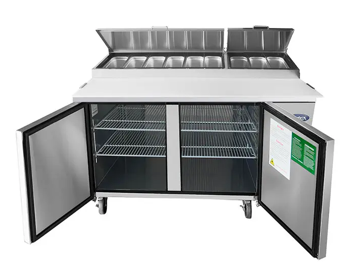 ATOSA MPF8202GR 67" TWO DOOR PIZZA PREP TABLE REFRIGERATED w/ CASTERS & PAN INCLUD