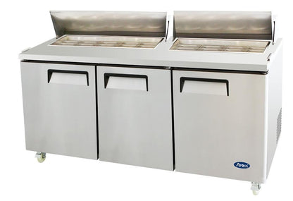 ATOSA MSF8304GR 72" 3 DOOR SANDWICH PREP TABLE REFRIGERATED w/ CASTERS & PANS