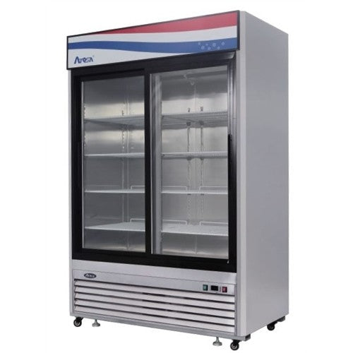 ATOSA MCF8709GR 2 SLIDING GLASS DOORS REFRIGERATOR STAINLESS STEEL W/CASTERS LED