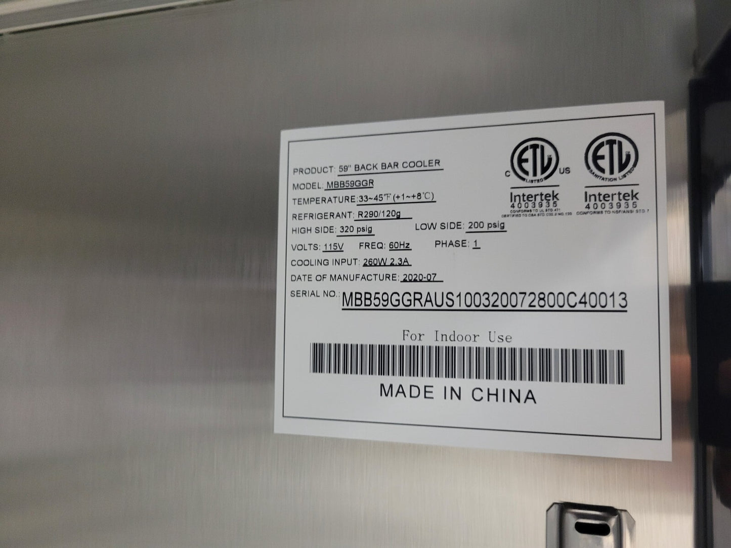ATOSA MBB59GGR 59 2 GLASS DOOR STAINLESS STEEL BACK BAR COOLER - 17.3 CU FT