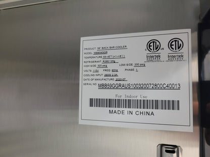 ATOSA MBB59GGR 59 2 GLASS DOOR STAINLESS STEEL BACK BAR COOLER - 17.3 CU FT