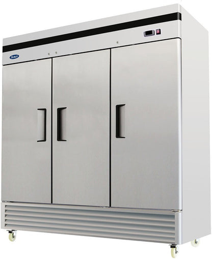 ATOSA MBF8504GR 3 SOLID DOOR FREEZER STAINLESS STEEL W/CASTERS BTM MNT COMPRESSOR