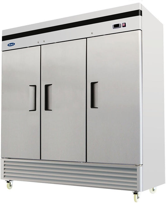 ATOSA MBF8504GR 3 SOLID DOOR FREEZER STAINLESS STEEL W/CASTERS BTM MNT COMPRESSOR