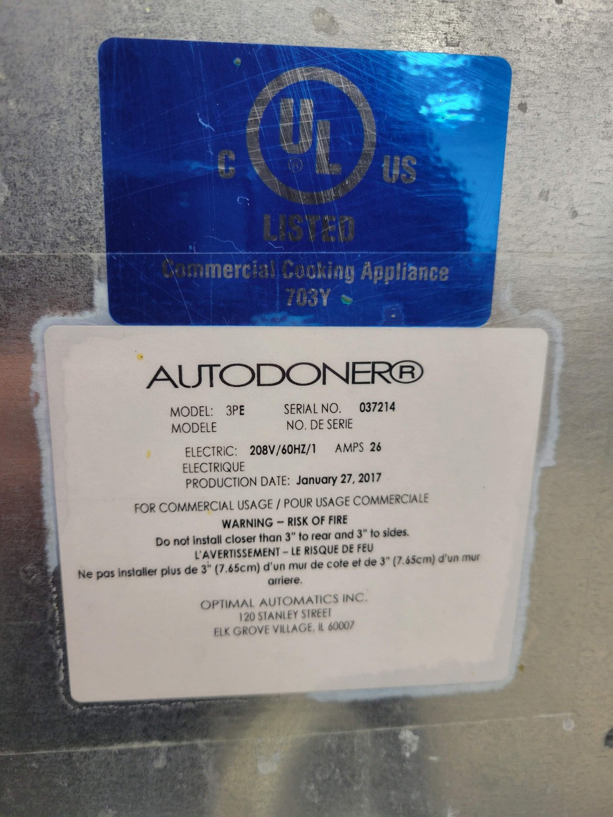 OPTIMAL AUTODONOR 3PE 65 LB. ELECTRIC GYRO MACHINE VERTICAL BROILER 208V