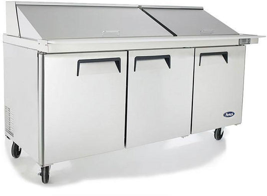 ATOSA MSF8308GR 72" 3 DOOR MEGA-TOP SANDWICH/SALAD PREP TABLE W/CASTERS & PANS