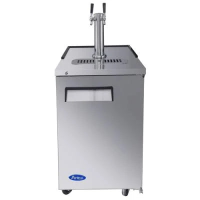 Atosa commercial stainless steel direct draw draft beer dispenser with dual faucet draft tower and caster wheels.